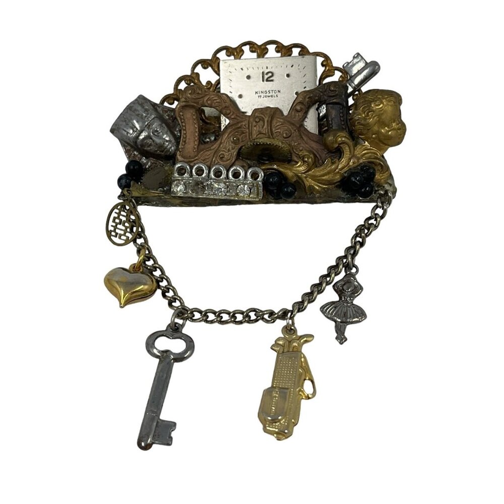 Vintage Maximal Art Collage Brooch Pin Mixed Materials‎ Signed 80 Art Assemblage